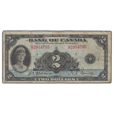 SOLD $2 1935 Bank of Canada Note English Text BC-3 - Fine