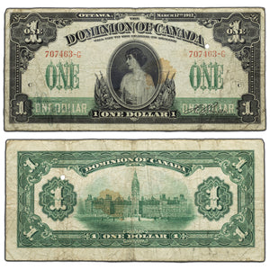 SOLD $1 1917 Dominion of Canada Note Green Line Series G DC-23a - Stain/Hole
