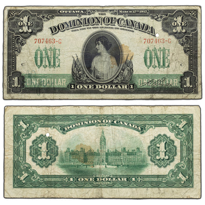 SOLD $1 1917 Dominion of Canada Note Green Line Series G DC-23a - Stain/Hole