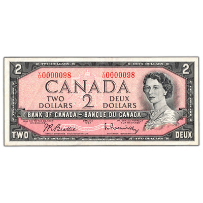 SOLD $2 1954 Bank of Canada Note Y/U Prefix Low Serial #98 - VF+