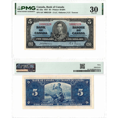 SOLD $5 1937 Bank of Canada Note Osborne Signature BC-23a - PMG VF-30
