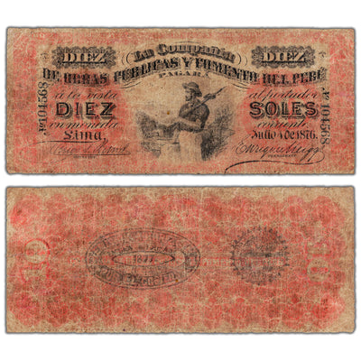 Peru Compania de Obras Publicas Y Fomento Del Peru 1876 10 Soles Note P #S446b - Filler (pinholes)