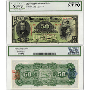 SOLD Mexico Banco Oriental 1914 50 Pesos Note P #S384c - Legacy Superb UNC-67 PPQ