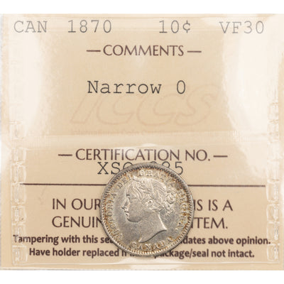 Canada 1870 Narrow '0' 10 Cents Dime Silver Coin - ICCS VF-30