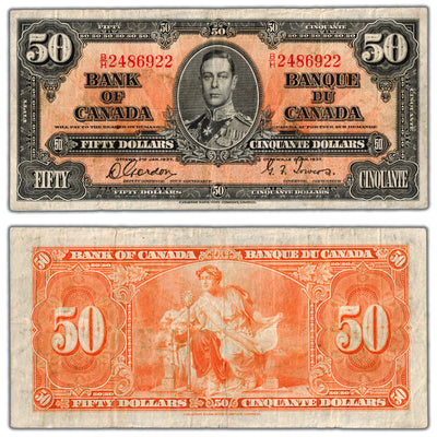 SOLD $50 1937 Bank of Canada Note Gordon-Towers B/H Prefix BC-26b - Fine+