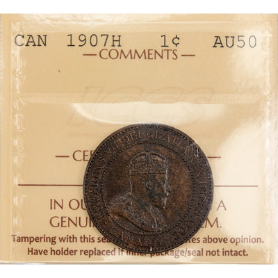 Canada 1907-H One Large Cent Coin - ICCS AU-50