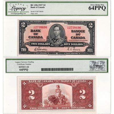 $2 1937 Bank of Canada Note Gordon-Towers T/B Prefix BC-22b - Legacy Ch UNC-64 PPQ