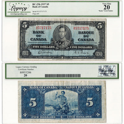 $5 1937 Bank of Canada Note Radar Serial 5717175 BC-23c - Legacy VF-20