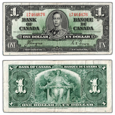 $1 1937 Bank of Canada Note Coyne-Towers S/N Prefix BC-21d - VF (tear)