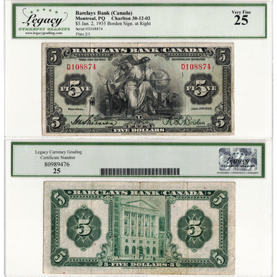 $5 1935 Barclays Bank Canada Chartered Note #30-12-02 - Legacy VF-25