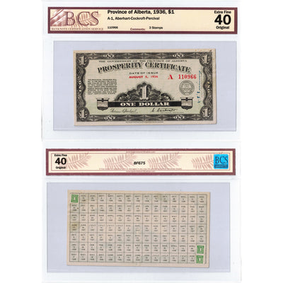 $1 1936 Province of Alberta Prosperity Certificate Note 3 Stamps A-1 - BCS EF-40