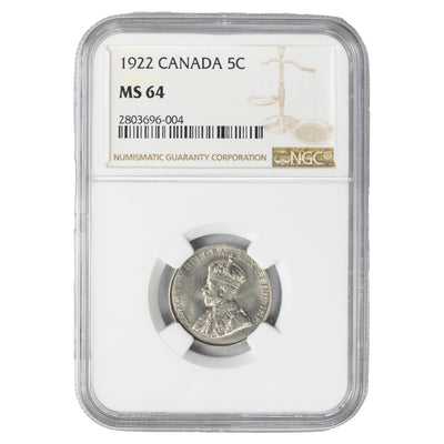 SOLD Canada 1922 5 Cents Nickel Coin - NGC MS-64