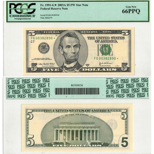 SOLD United States 2003-A $5 Star Note Fr. 1991-G - PCGS Gem UNC-66 PPQ
