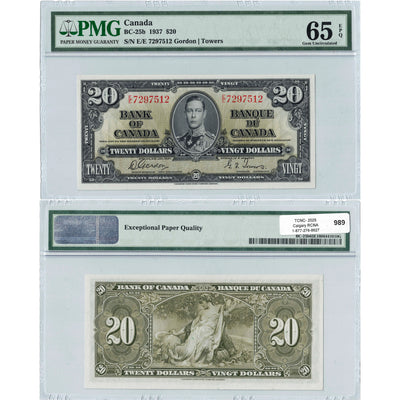 $20 1937 Bank of Canada Note Gorodn-Towers E/E Prefix BC-25b - PMG Gem UNC-65 PPQ