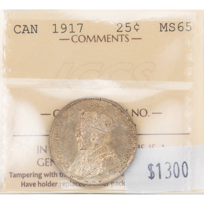 SOLD Canada 1917 25 Cents Quarter Silver Coin - ICCS MS-65