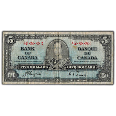 $5 1937 Bank of Canada Note Coyne-Towers X/C Prefix BC-23c - Near Radar Serial