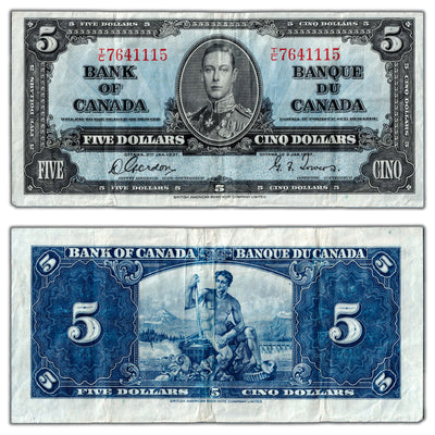 $5 1937 Bank of Canada Note Gordon-Towers T/C Prefix BC-23b - VF
