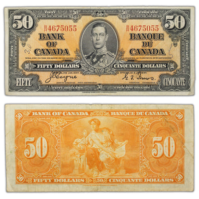 SOLD $50 1937 Bank of Canada Note Coyne-Towers B/H Prefix BC-26c - Writing