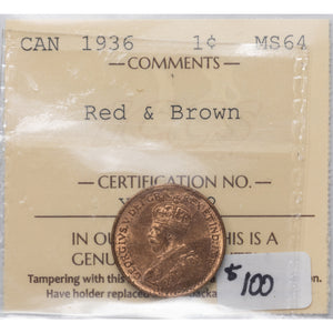 SOLD Canada 1936 1 Small Cent Coin - ICCS MS-64 RB