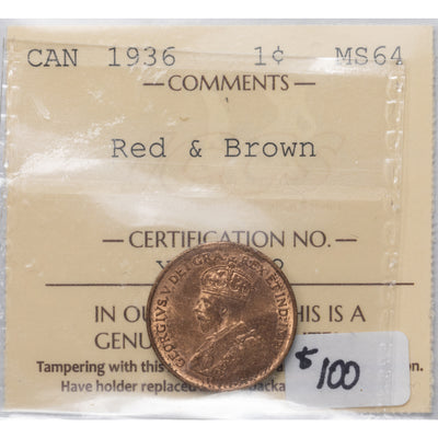SOLD Canada 1936 1 Small Cent Coin - ICCS MS-64 RB