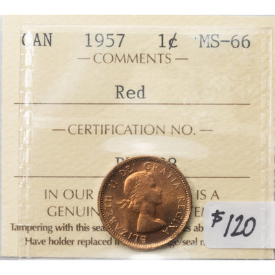 SOLD Canada 1957 1 Small Cent Coin - ICCS MS-66 Red