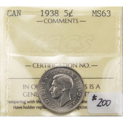 SOLD Canada 1938 5 Cents Nickel Coin - ICCS MS-63