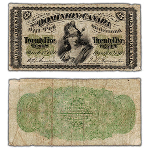25 Cents 1870 Dominion of Canada Shinplaster Note Letter 'B' DC-1b - Fine (pinholes)