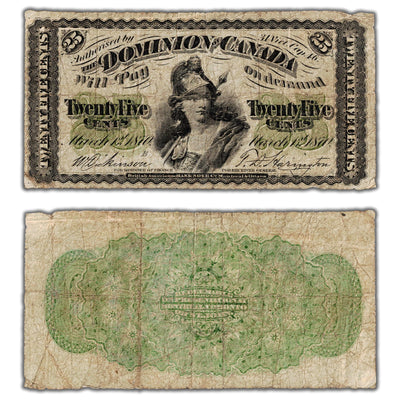 25 Cents 1870 Dominion of Canada Shinplaster Note Letter 'B' DC-1b - Fine (pinholes)