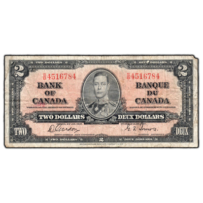SOLD $2 1937 Bank of Canada Note Gordon-Towers S/B Prefix BC-22b - Missing Corner