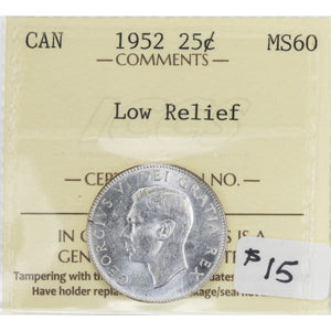 SOLD Canada 1952 Low Relief 25 Cents Quarter Silver Coin - ICCS MS-60