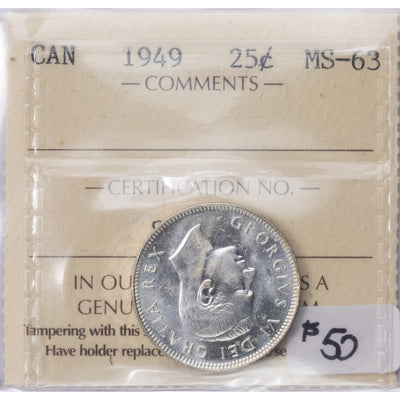 SOLD Canada 1949 25 Cents Quarter Silver Coin - ICCS MS-63