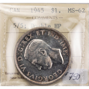 SOLD Canada 1945 5/5 Double HP $1 Silver Dollar Coin - ICCS MS-62