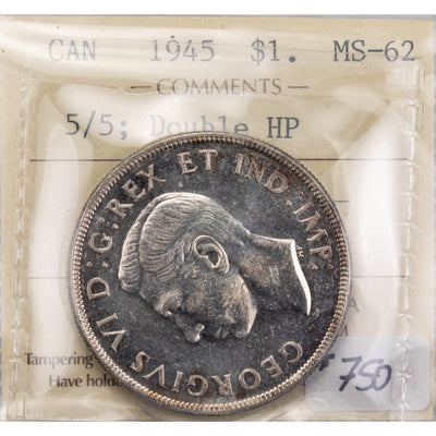 SOLD Canada 1945 5/5 Double HP $1 Silver Dollar Coin - ICCS MS-62