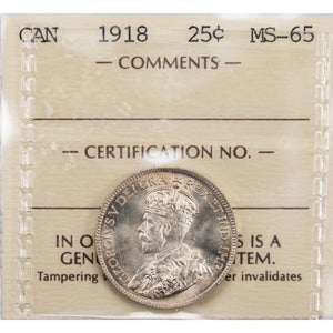 SOLD Canada 1918 25 Cents Quarter Silver Coin - ICCS MS-65