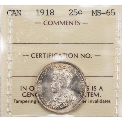 SOLD Canada 1918 25 Cents Quarter Silver Coin - ICCS MS-65