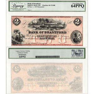 SOLD $2 1859 Bank of Brantford Chartered Remainder Note #40-12-04R - Legacy UNC-64 PPQ