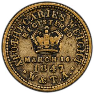 SOLD Great Britain 1847 2 Drams Apothecaries Weight W & T.A.