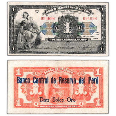 Peru 1926 (1935) 1 Libra Peruana de Oro Overprint Note P #61 - VF
