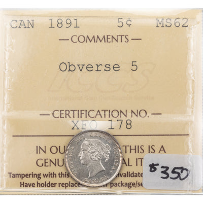 SOLD Canada 1891 Obv 5 Five Cents Silver Coin - ICCS MS-62