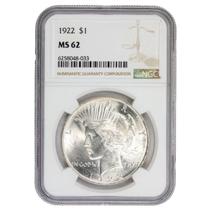 SOLD United States 1922 $1 Peace Dollar Silver Coin - NGC MS-62