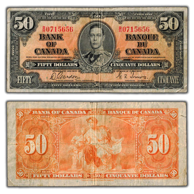 SOLD $50 1937 Bank of Canada Note Gordon-Towers B/H Prefix BC-26b - Edge Tear