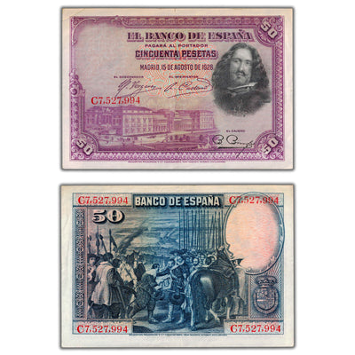 SOLD Spain 1928 50 Pesetas Note P #75b - Minor Tear