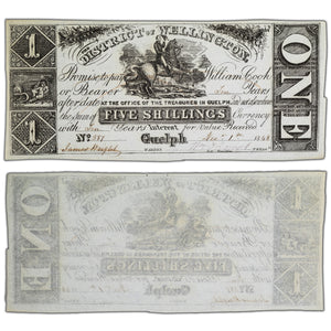 SOLD $1 5 Shillings 1848 District of Wellington Guelph, ON Note - Staple Hole