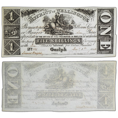 SOLD $1 5 Shillings 1848 District of Wellington Guelph, ON Note - Staple Hole