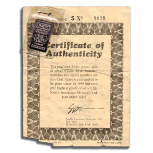 SOLD Johnson Matthey JM 5 Gram .999 Fine Silver Bar with COA From North American Minerals
