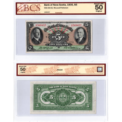 $5 1935 Bank of Nova Scotia Chartered Note #550-36-02 - BCS AU-50