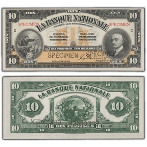 SOLD $10 1922 La Banque Nationale Canada Note - Specimen Issue