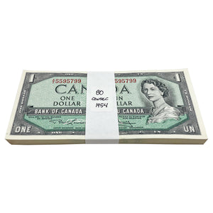 SOLD $1 1954 Bank of Canada Notes A/I Prefix - Bundle of 80 Consecutive