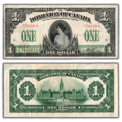 SOLD $1 1917 Dominion of Canada Note No Seal Boville Suffix A DC-23a - VF+