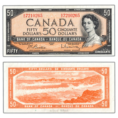 SOLD $50 1954 Bank of Canada Note Beattie-Rasminsky B/H Prefix BC-42b - Abt. EF